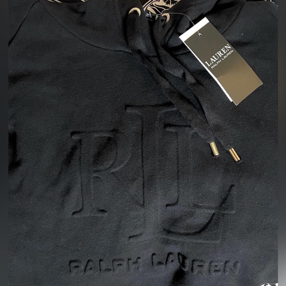 New! Lauren Ralph Lauren Embossed Logo Hooded Sweatshirt Black Sizes L & XL🖤 - Picture 2 of 16